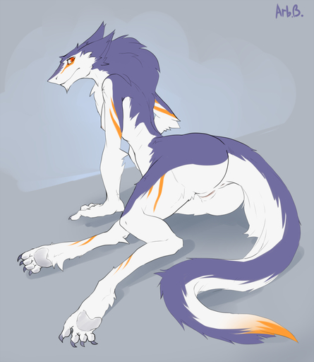anthro anus arbuzbudesh breasts butt claws digitigrade female fur genitals looking_at_viewer looking_back pawpads paws purple_body purple_fur pussy red_eyes sergal simple_background solo white_body white_fur // 900x1036 // 272.6KB