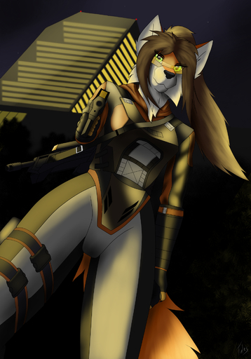 5_fingers anthro black_nose brown_hair canid canine clothed clothing eyelashes female fingers fox green_eyes gun hair hi_res holding_gun holding_object holding_weapon mammal ranged_weapon solo tales_foxdale weapon // 1400x2000 // 1.5MB