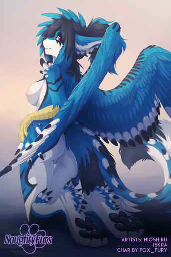 2014 anastasia_(fox_fury) anthro avian black_hair black_nose blue_body blue_feathers blue_fur blue_hair breasts butt canid canine claws cocked_hip digital_media_(artwork) digitigrade feathered_wings feathers female fox fur genitals hair hand_on_hip hindpaw hioshiru hybrid iskra kneeling looking_at_viewer looking_back mammal multicolored_hair nude pawpads paws pink_eyes pussy red_eyes scuted_arms shaded simple_background smile solo text two_tone_hair white_body white_fur wings // 733x1100 // 723.8KB