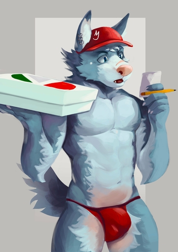 2018 abs absurd_res anthro bakemonoy biceps bulge canid canine canis clothing countershading delivery_(commerce) digital_media_(artwork) domestic_dog ear_piercing food food_delivery fur hat headgear headwear hi_res jockstrap male mammal muscular muscular_anthro muscular_male pecs piercing pizza pizza_delivery solo underwear // 2896x4096 // 612.9KB