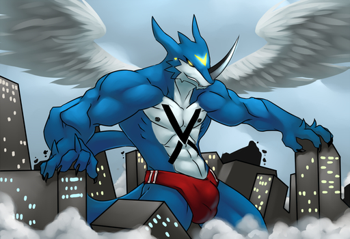 anthro biped blue_body blue_skin bulge claws clothed clothing digimon_(species) dragon exveemon facial_markings faint fangs feathered_dragon feathered_wings feathers grin head_markings horn looking_at_viewer macro male markings muscular muscular_anthro muscular_male scalie smile solo standing wings xbuimonsama yellow_eyes // 1169x800 // 719.4KB