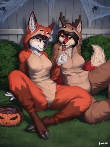 5_fingers aldea_(character) anthro candy canid canine carmine_(foxovh) clothing dessert duo eyebrows female fingers food fox foxovh fur grass hair hi_res holidays lollipop mammal onesie outside plant spreading tongue tongue_out tuft // 955x1280 // 902.5KB