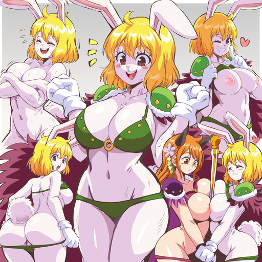2022 <3 absurd_res anthro big_breasts big_butt blonde_hair blush breasts butt carrot_(one_piece) clothed clothing duo eyes_closed female fur hair hi_res human lagomorph leporid lewdamone looking_at_viewer mammal minkmen_(one_piece) nami_(one_piece) nipples nude rabbit smile white_body white_fur // 2880x2880 // 3.4MB