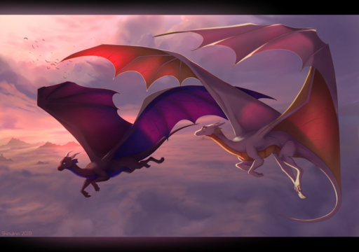 2018 ambiguous_gender black_bars claws day detailed_background dragon duo feral flying membrane_(anatomy) membranous_wings outside scalie skaydie sky western_dragon wings // 1279x899 // 810.0KB