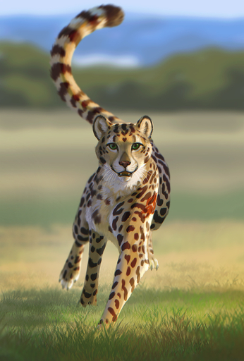 cheetah detailed detailed_background felid feline female feral fuli fur green_eyes hi_res inner_ear_fluff lineless looking_at_viewer mammal open_mouth reallynxgirl running shaded soft_shading solo spots spotted_body spotted_fur tuft // 865x1280 // 587.4KB
