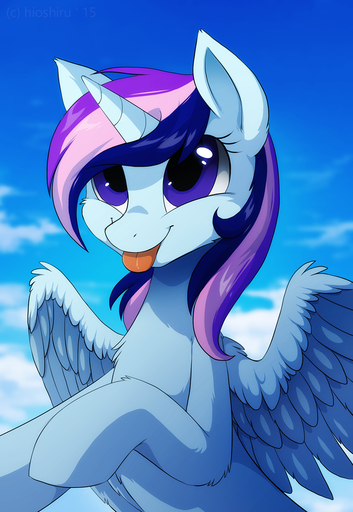 2015 blue_body blue_eyes blue_feathers blue_fur day equid equine eyelashes fan_character feathered_wings feathers female feral fur hair hi_res hioshiru hooves horn horse mammal multicolored_hair outside sky smile solo tongue winged_unicorn wings // 879x1276 // 875.7KB