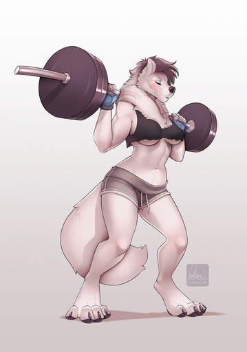 2019 anthro banjax_(farex) bodily_fluids breasts canid canine clothed clothing digital_media_(artwork) exercise eyes_closed female furlana hi_res mammal navel solo standing sweat sweatdrop weightlifting wide_hips workout // 1080x1540 // 1.2MB
