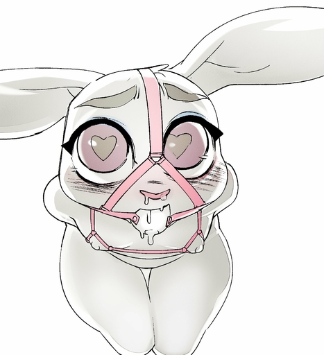 <3 <3_eyes anthro ball_gag bodily_fluids breasts clothed clothing cupless_bra doxy eyebrows female gag hi_res ineffective_clothing judy_hopps lagomorph leporid long_ears looking_at_viewer mammal mostly_nude nipples rabbit saliva simple_background small_breasts solo thick_thighs white_background // 1702x1866 // 260.4KB