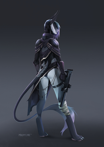 4_toes 5_fingers acrador anthro canid canine canis claws clothed clothing dea_(the_witch_of_taal) digital_media_(artwork) digitigrade feet female fingers gun hair hi_res jackal mammal mindmachine ranged_weapon simple_background solo standing toes weapon // 1200x1697 // 1.6MB