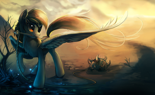 blonde_hair day derpy_hooves_(mlp) equid equine feathered_wings feathers female feral fog fur grey_body grey_feathers grey_fur hair hioshiru hooves horse long_hair mammal outside pegasus solo standing teeth weapon wings // 1280x789 // 931.5KB