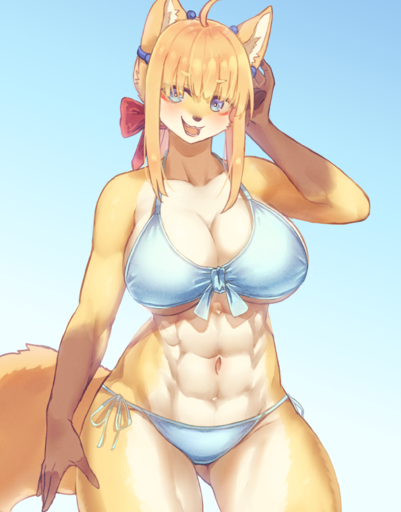 2022 5_fingers abs absurd_res ahoge anthro big_breasts bikini blonde_hair blue_eyes blush breasts brown_body brown_fur butt_from_the_front canid canine cleavage clothed clothing female fingers fox fur gloves_(marking) hair happy hi_res kemono looking_at_viewer mammal markings miyanokoko multicolored_body multicolored_fur muscular muscular_anthro muscular_female navel open_mouth open_smile portrait smile solo swimwear three-quarter_portrait white_body white_fur yellow_body yellow_fur // 1970x2514 // 7.0MB