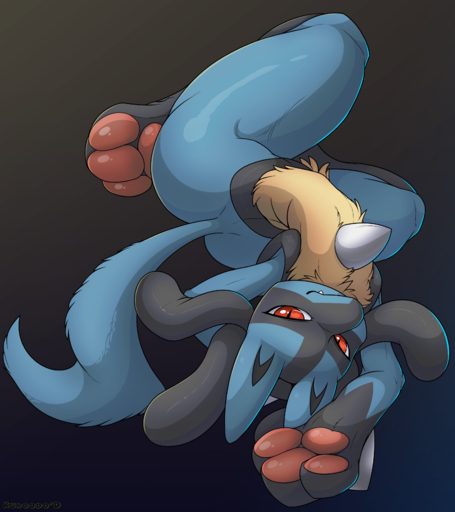 2018 absurd_res ambiguous_gender anthro arched_back blue_body blue_fur butt canid canine crotch_lines digital_media_(artwork) fangs fur gradient_background hi_res kuroodod long_tail looking_at_viewer lucario lying mammal nintendo nude pawpads paws pink_pawpads pinup pokemon pokemon_(species) pose red_eyes seductive simple_background smile solo spikes thick_thighs upside_down video_games yellow_body yellow_fur // 3000x3375 // 2.4MB