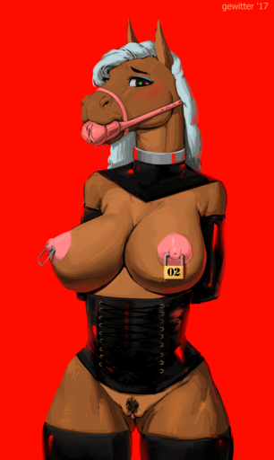 2017 <3 <3_eyes anthro areola armwear bdsm big_breasts blush bound breasts bridal_gauntlets clitoris clothing collar digital_media_(artwork) equid equine female fleshlight_gag gag genitals gewitter hair hi_res horse looking_at_viewer mammal nipple_piercing nipples nude penetrable_sex_toy piercing pubes pussy red_background rubber sex_toy simple_background solo standing submissive submissive_female // 866x1450 // 568.3KB