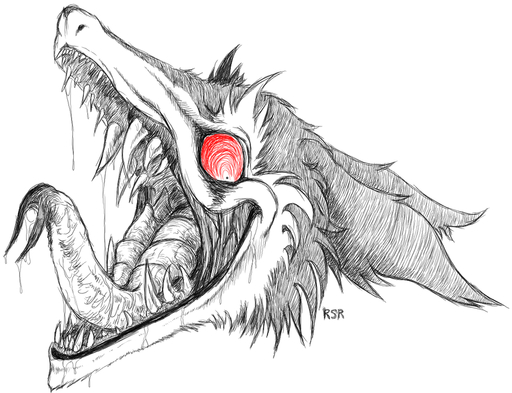2012 ambiguous_gender blood bodily_fluids drooling english_text forked_tongue fur long_tongue mammal monochrome nightmare_fuel open_mouth rain_silves ransaryong red_eyes red_sclera saliva sergal sharp_teeth simple_background sketch solo spot_color teeth text tongue tongue_out warpaint white_background // 936x718 // 414.0KB