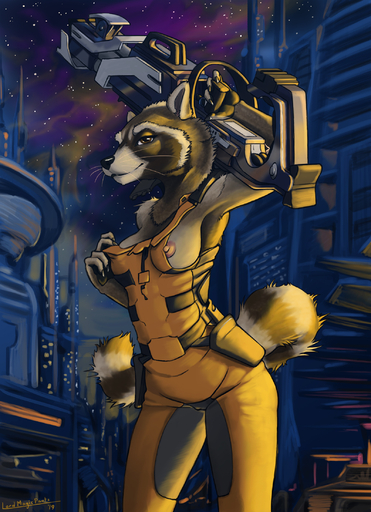2019 alien_planet anthro black_nose breasts brown_eyes city claws clothed clothing crossgender female guardians_of_the_galaxy gun hi_res holding_object jumpsuit lord_magicpants mammal marvel nipples partially_clothed pink_nipples procyonid raccoon ranged_weapon rocket_raccoon sky smile solo standing star starry_sky weapon whiskers // 1594x2200 // 1.1MB