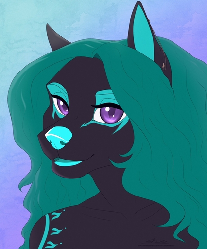 anthro black_body black_fur blue_body blue_fur canid canine canis catherinemeow female freya_(zionsangel) fur green_hair hair hi_res mammal multicolored_body multicolored_fur open_mouth open_smile purple_eyes simple_background smile solo tattoo tongue two_tone_body two_tone_fur wolf // 1066x1280 // 178.7KB