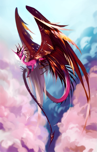 2018 absurd_res brown_body brown_feathers claws day detailed_background digital_media_(artwork) dragon feathered_dragon feathered_wings feathers female feral flying hi_res kassillea outside sky solo spines wings // 4212x6564 // 11.7MB
