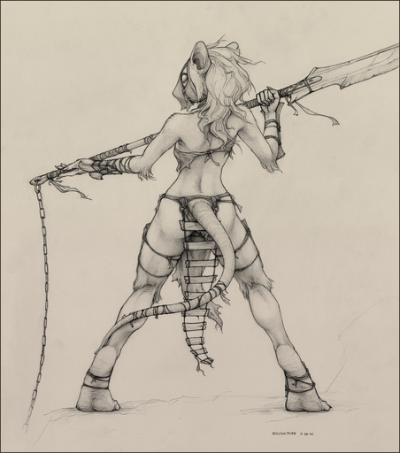 2014 anthro bare_back bare_shoulders border bottomwear bra butt chain clothed clothing ecmajor female hair hasbro hi_res ink-eyes loincloth magic:_the_gathering mammal melee_weapon monochrome nezumi_(magic:_the_gathering) orange_border polearm rear_view rodent simple_background skimpy solo spear underwear weapon wizards_of_the_coast // 1114x1262 // 1.8MB