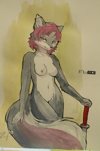 anthro biped breasts canid canine canis ear_piercing female fluffy fluffy_tail foxboy83 fur genitals grey_body grey_fur hair half-closed_eyes hi_res industrial_piercing jess_(teckly) katana looking_at_viewer mammal melee_weapon narrowed_eyes navel nipples nude piercing pink_eyes pink_hair purple_hair pussy short_hair smile solo standing sword traditional_media_(artwork) weapon wolf // 853x1280 // 169.7KB