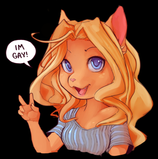 2018 5_fingers alpha_channel anthro blonde_hair blue_eyes breasts cheese_quesadilla chibi corablue cute_fangs dialogue english_text felid female fingers gesture hair looking_at_viewer mammal open_mouth pink_nose simple_background smile solo stated_homosexuality stated_sexuality text transparent_background v_sign // 946x949 // 717.8KB