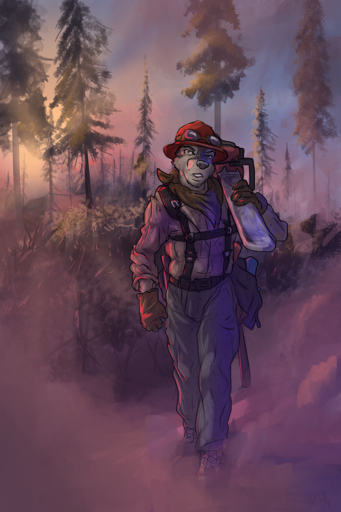 2017 2:3 anthro armor backpack boots bottomwear canid canine canis chainsaw clothed clothing detailed_background digital_media_(artwork) dirty domestic_dog dust eyewear filthy footwear forest fur gear gloves goggles grey_body grey_fur handwear hard_hat harness headgear helmet holding_chainsaw holding_object husky kerchief looking_at_viewer lumberjack male mammal marsonaut nordic_sled_dog pants plant power_tool scarf smoke solo spitz sunset tools tree walking // 760x1140 // 1.4MB