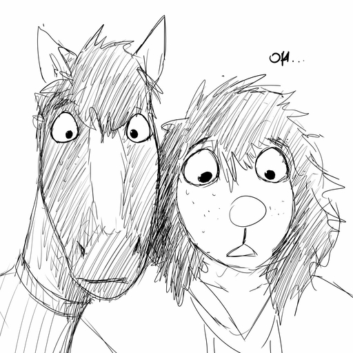 1:1 black_and_white bodily_fluids canid canine canis clothed clothing comic creepy dialogue domestic_dog duo equid equine female hi_res hladilnik horse male mammal michelle_(hladilnik) monochrome scared simple_background sketch sweat text white_background will_(hladilnik) zebra // 1280x1280 // 338.5KB