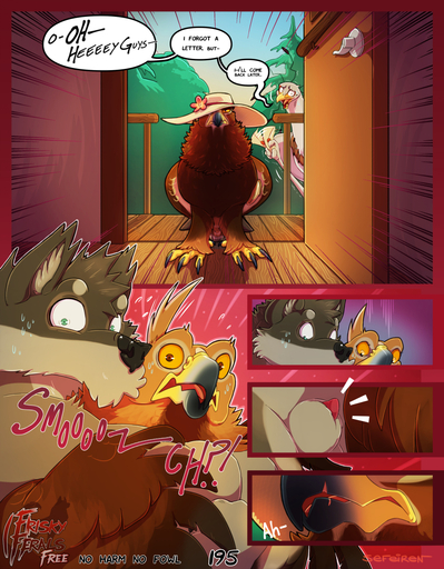 accipitrid accipitriform addison_(frisky_ferals) animal_genitalia anthro avian beak bird bodily_fluids brown_body brown_eyes brown_feathers canid canine canis caught claws clothing comic conditional_dnp daughter devon_(frisky_ferals) digital_media_(artwork) door eagle english_text feathers female feral flower frisky_ferals fur genitals golden_eagle green_eyes grey_body grey_feathers grey_fur harness hat head_tuft headgear headwear hi_res hindpaw hug inside kissing letter lol_comments male mammal mother no_harm_no_fowl nude orange_sclera outside parent paws penis penis_tip pink_penis plant romantic_ambiance romantic_couple scar secretary_bird sefeiren sheath simon_(frisky_ferals) size_difference sky speech_bubble standing stella_(frisky_ferals) sun_hat surprise sweat sweatdrop talons text tongue tree true_eagle tuft wolf // 936x1200 // 1.1MB