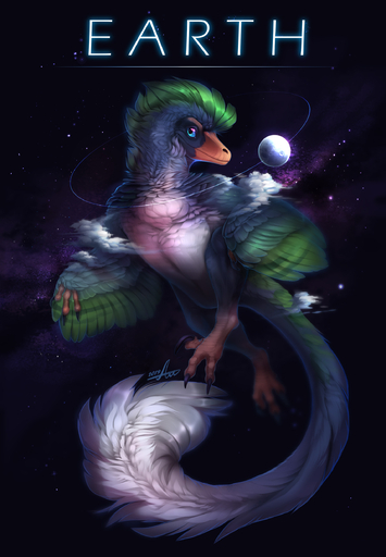 2019 absurd_res ambiguous_gender cosmic_background digital_media_(artwork) dinosaur dromaeosaurid feathered_raptor feathered_wings feathers feral hi_res k-dromka reptile scalie solo text theropod wings // 1700x2450 // 737.4KB