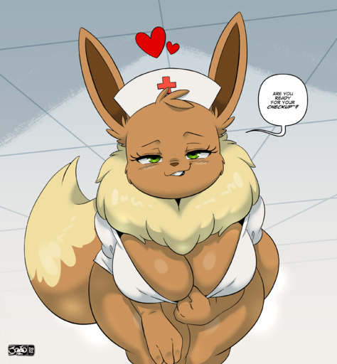2022 4_fingers <3 absurd_res anthro bedroom_eyes breasts cleavage clothed clothing clothing_pull dialogue dipstick_tail eevee english_text eyelashes female fingers green_eyes hat headgear headwear hi_res jezebel_(crane) joaoppereiraus looking_at_viewer markings medical narrowed_eyes neck_tuft nurse_clothing nurse_hat nurse_headwear nurse_uniform pokemon_(species) seductive signature solo speech_bubble tail_markings talking_to_viewer text thick_thighs tuft uniform video_games // 2500x2700 // 1.6MB
