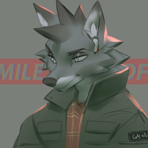 1:1 airpods anthro blue_eyes bust_portrait canid canine canis clothing english_text fur grey_body grey_fur jacket male mammal miles_df portrait solo text topwear wolf // 800x800 // 269.1KB