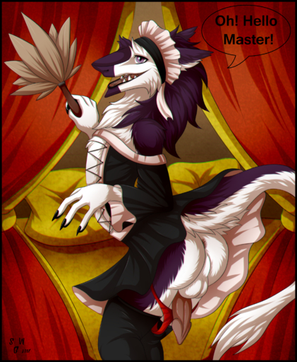 absurd_res anthro anus balls bed black_border border butt clothing erection furniture genitals girly hi_res lingerie maid_uniform male panties penis penis_tuck piercing pillow sergal servants silvergrin smile solo tongue underwear uniform // 2500x3041 // 5.3MB