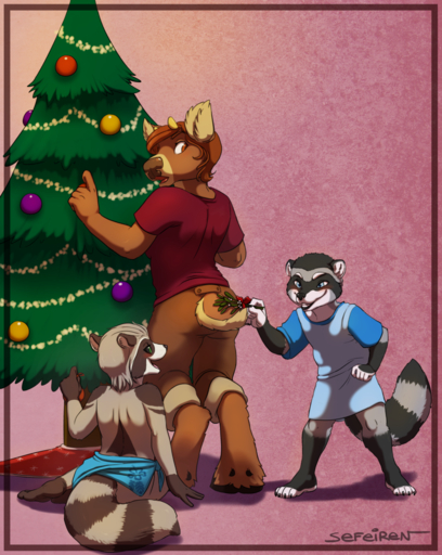 2014 anthro bencoon_(character) blue_eyes blush bottomwear brown_eyes capreoline cervid christmas_tree clothed clothing conditional_dnp cub ears_back female furgonomics green_eyes group hi_res holidays holly_(sefeiren) hooves horn kissing_bough lissy looking_back male mammal mistletoe ornament pants pivoted_ears plant procyonid raccoon reindeer ribbons sefeiren shirt sitting standing tail_button_bottoms tail_clothing thick_thighs topwear tree wide_hips young // 1019x1280 // 1.8MB