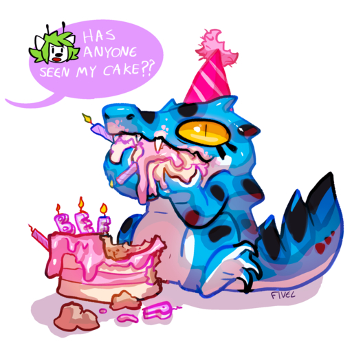 1:1 ambiguous_gender birthday_cake birthday_hat blue_body cake crocodilian dessert feral fivel food green_hair hair reptile scalie scampi simple_background solo spots white_body yellow_eyes // 1100x1100 // 704.7KB