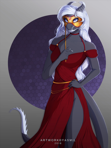 2018 5_fingers anthro breasts clothed clothing digital_media_(artwork) dragon female fingers hair hi_res horn mask masquerade_mask midnight_(yasmil) non-mammal_breasts scalie smile solo standing white_hair yasmil // 1000x1333 // 1.0MB