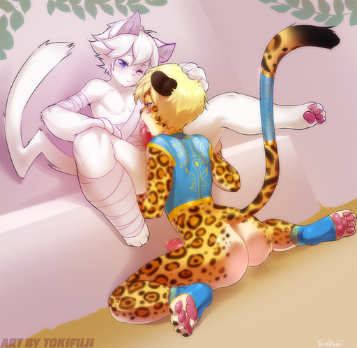 2015 anthro anthro_on_anthro balls bottomless butt cheetah clothed clothing crop_top digital_media_(artwork) domestic_cat duo erection felid feline felis furgonomics genitals girly hand_on_head hindpaw humanoid_genitalia humanoid_penis kneeling licking male malemale male_penetrated male_penetrating male_penetrating_male mammal one_eye_closed oral pawpads paws penetration penis shaded shirt spots spread_legs spreading tail_clothing tail_warmer tokifuji tongue tongue_out topwear // 1200x1167 // 1.1MB