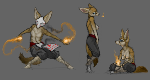 2015 anthro blue_eyes bottomwear breasts canid canine clothed clothing female fennec fire fox fur grey_background ipoke magic mammal mask multiple_images multiple_poses navel nipples pants pose simple_background sitting sketch solo standing tan_body tan_fur topless vulpes // 1200x640 // 249.3KB