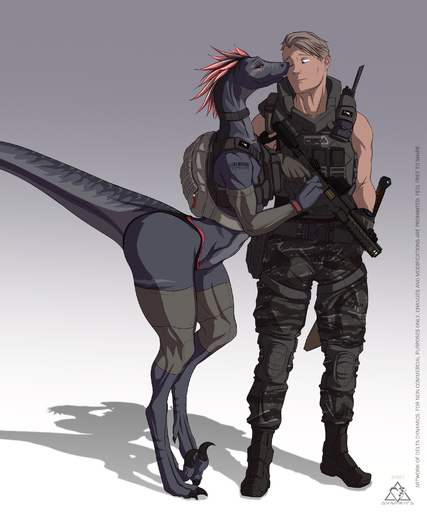 5:6 absurd_res alani_redum_(delta.dynamics) anthro armor athletic backpack body_armor bunny_(delta.dynamics) camo clothed clothing delta.dynamics dinosaur dromaeosaurid duo female female_on_human gun head_feathers hi_res human human_on_anthro interspecies interspecies_relationship knee_pads kriss_vector love machete male malefemale male_on_anthro mammal melee_weapon radio ranged_weapon relationship reptile rifle romantic_couple scalie tattoo theropod weapon // 2500x3000 // 4.9MB