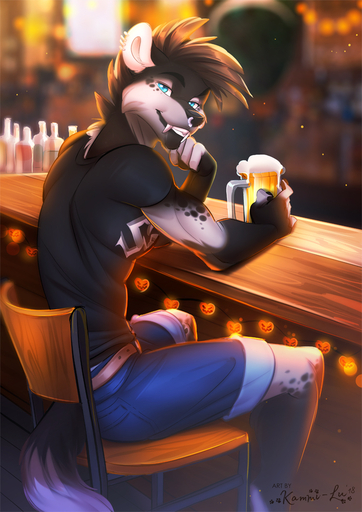 2018 anthro biped black_hair black_nose blue_eyes canid canine canis clothed clothing detailed_background digital_media_(artwork) domestic_dog hair kammi-lu male mammal sitting solo // 707x1000 // 445KB