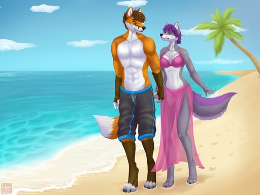 2013 anthro beach bikini biped blaze_(marking) canid canine canis clothing cloud countershading detailed_background digital_media_(artwork) dipstick_tail duo eye_contact facial_markings female fingerless_(marking) fur gloves_(marking) hair head_markings jess_(teckly) leg_markings looking_at_another male malefemale mammal markings multicolored_tail orange_body orange_fur outside palm_tree plant purple_hair romantic_ambiance romantic_couple sand seaside shaded sky socks_(marking) striped_tail stripes swimming_trunks swimwear tight_clothing toeless_(marking) translucent translucent_clothing tree two_tone_tail walking water werefox_(character) wolf wyla // 1200x899 // 191.9KB