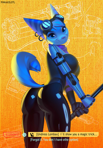 absurd_res anthro big_butt butt clothing cybernetic_arm cybernetic_limb cyberpunk female furry hi_res lombax mammal pinkaxolotl ratchet_and_clank ratchet_and_clank:_rift_apart rivet_(ratchet_and_clank) rubber rubber_suit sony_corporation sony_interactive_entertainment video_games // 3850x5500 // 6.1MB