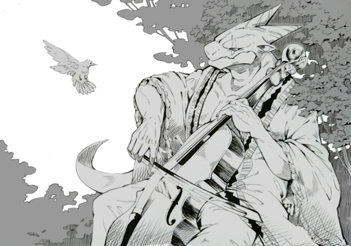 ambiguous_gender anthro avian bird clothed clothing collarbone dera_kimidori dragon duo feathers feral fully_clothed horn male monochrome muscular muscular_male musical_instrument scalie scar simple_background white_background // 1542x1080 // 1.5MB