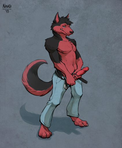 2017 anthro canid canine canis clothed clothing erection fur hi_res male mammal nawka nipples penis rey_gruson simple_background smaller_version_at_source smile solo topless wolf // 1440x1748 // 2.0MB