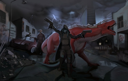 anthro avi_(character) axis_(character) car chris_(totesfleisch8) city clothed clothing dragon female feral fish fully_clothed graffiti gun larger_feral lightning male marine post-apocalyptic ranged_weapon ruins scalie shark sharkie size_difference storm totesfleisch8 urban vehicle weapon // 1280x808 // 113.2KB