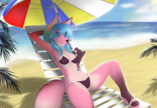 2012 anthro beach bikini blue_eyes canid canine clothed clothing cloud detailed_background female fox mammal nnecgrau outside pose sand seaside skimpy sky smile solo swimwear takimi // 1450x995 // 1.2MB