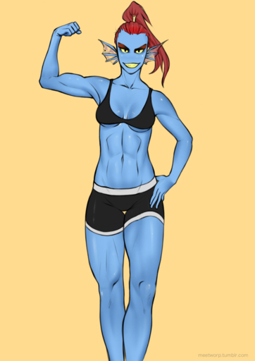 animal_humanoid blue_body blue_skin breasts cleavage clothed clothing female fish fish_humanoid hair hi_res humanoid johnfoxart long_hair looking_at_viewer marine marine_humanoid meetworp muscular muscular_female muscular_humanoid red_hair simple_background smile solo standing underwear undyne video_games yellow_eyes // 848x1200 // 430.8KB