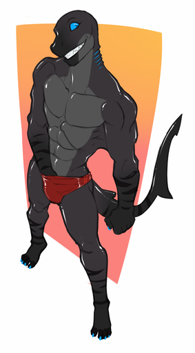 anthro clothed clothing faint fish hand_in_underwear looking_at_viewer male marine shark skimpy smile solo speedo standing swimwear topless underwear // 552x1000 // 161.7KB