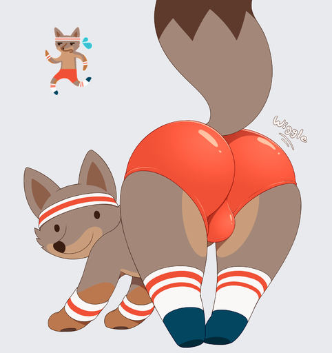 accessory acstlu anthro ass_up big_butt black_eyes black_nose bodily_fluids bottomwear brown_body brown_fur bulge butt butt_focus canid canine clothed clothing facebook facebook_fox facebook_stickers footwear fox fur headband hi_res legwear looking_at_viewer looking_back male mammal running seductive shorts simple_background skimpy smile socks solo sweat tight_clothing topless // 1769x1881 // 429.0KB