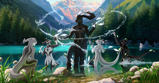 akitamonster amazing_background day detailed_background digital_media_(artwork) dragon female group horn male nude outside partially_submerged sky standing water wingless_dragon // 1270x665 // 1.2MB