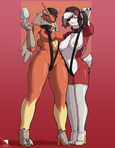 2022 2_toes abstract_background anthro areola blaziken breasts buttplug clothing collar cute_fangs duo feet female forearms hat headgear headwear hi_res high_heels ineffective_clothing legwear lycanroc midnight_lycanroc nipples pink_areola pink_nipples plug_(sex_toy) pokemon_(species) red_areola red_nipples scaled_forearms scales schizy sex_toy standing thigh_highs toes video_games // 948x1227 // 106.6KB