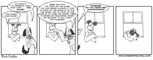 anthro bino_(housepets!) canid canine canis comic dialogue domestic_dog duo english_text male mammal monochrome peanut_butter_(housepets!) rick_griffin text the_game trick webcomic webcomic_character window // 940x369 // 43.4KB